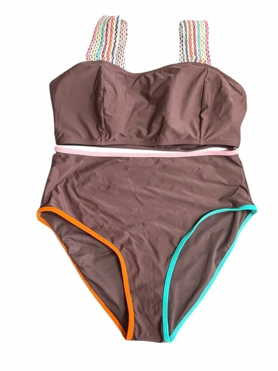 Cupshe Brown One-Piece Bikini with Multicolor Straps and Bright Trim - Picture 1 of 5